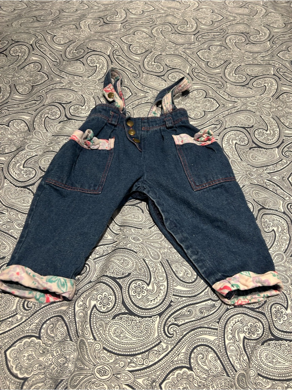 Vintage Denim Baby Overalls with Floral Trim - Dark Blue